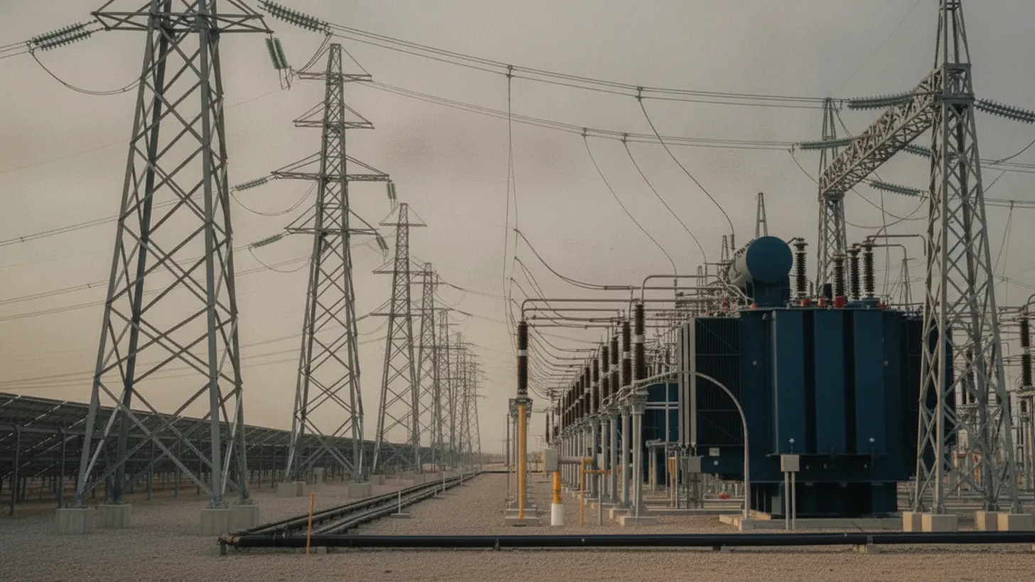 Steel transmission towers and substation transformers stand beside a large solar farm.
