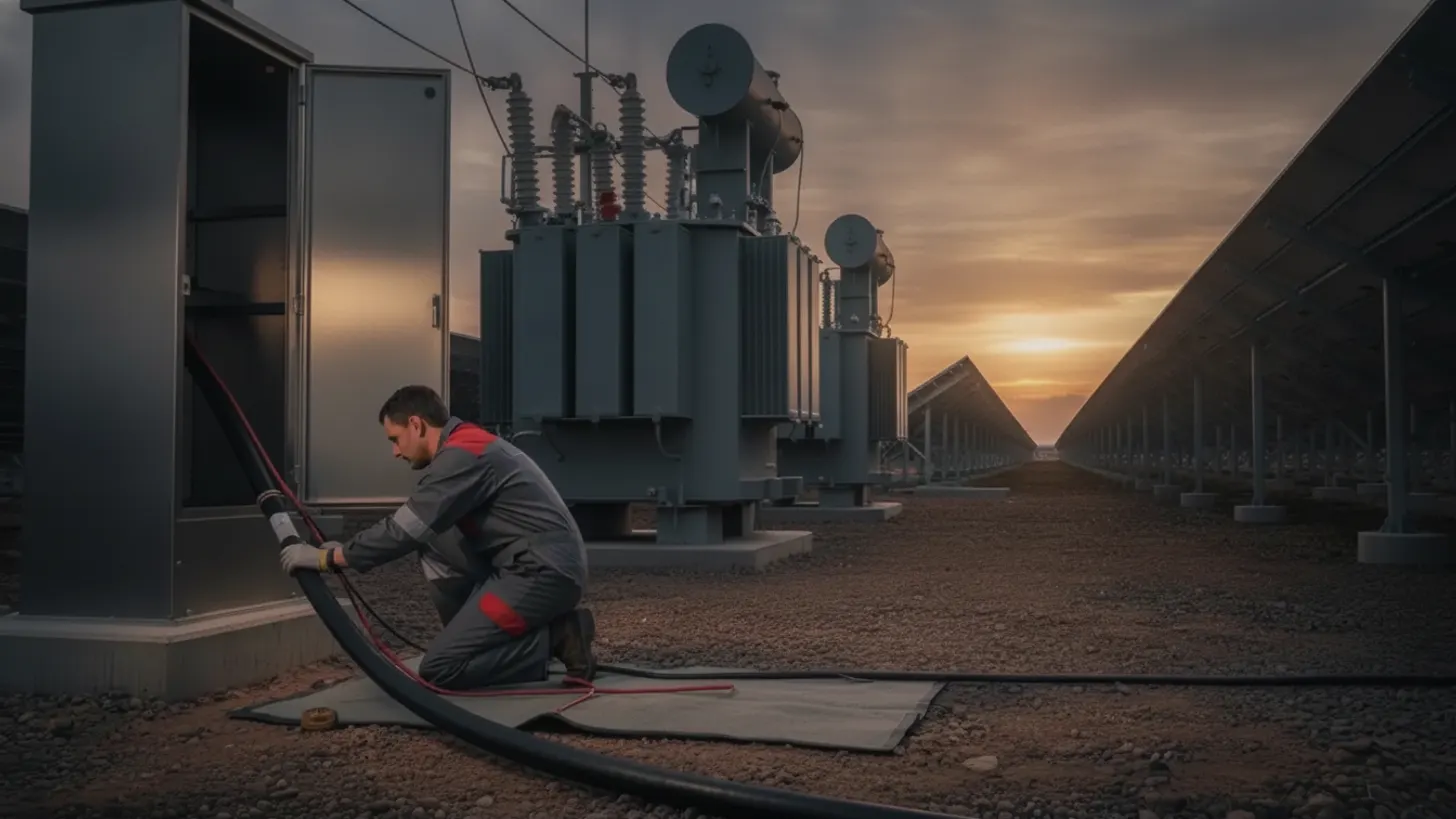 A technician performs medium voltage cable testing at a solar farm with VLF equipment.
