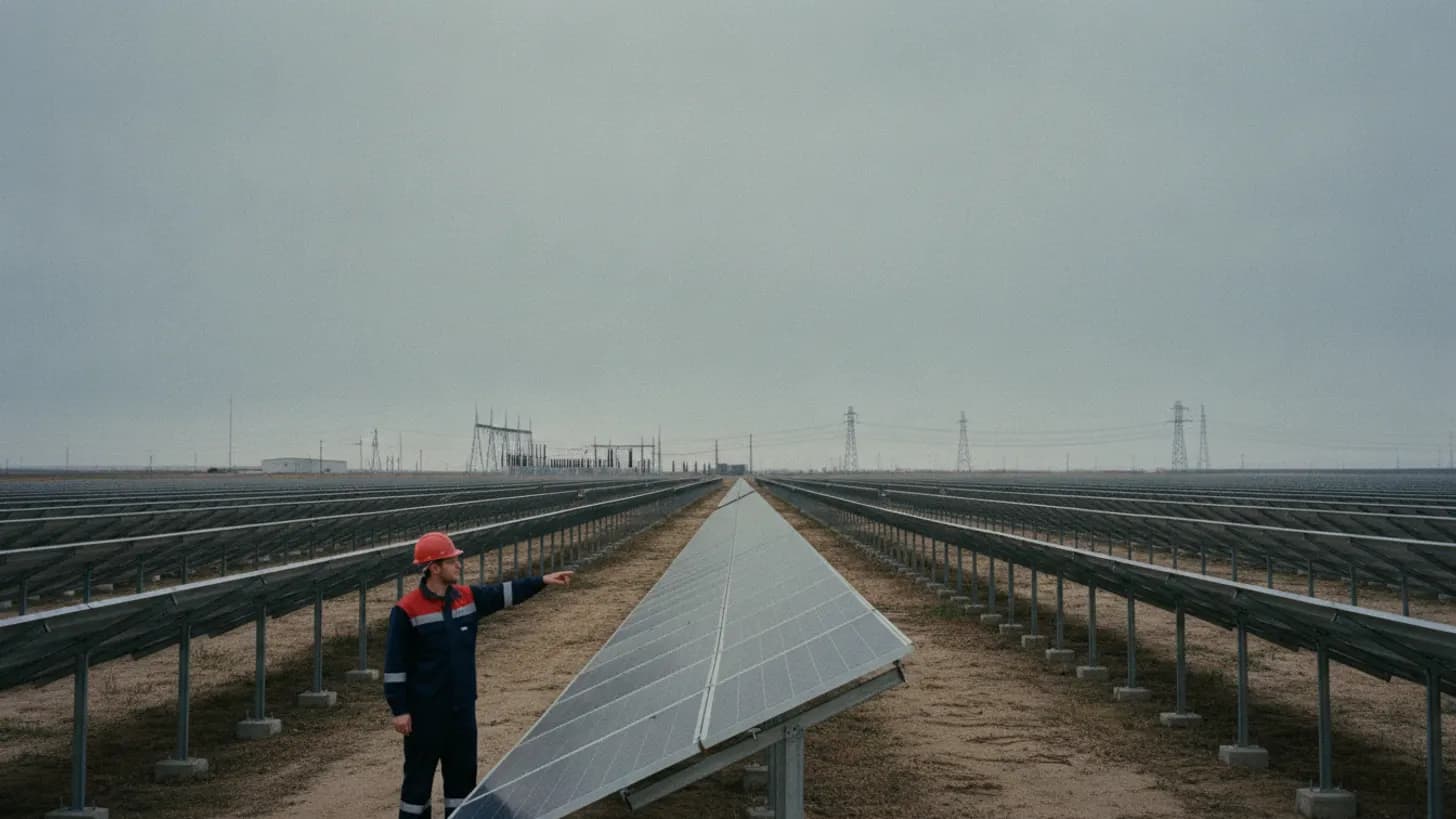 An engineer in a hard hat stands near solar panels, gesturing toward a distant substation.