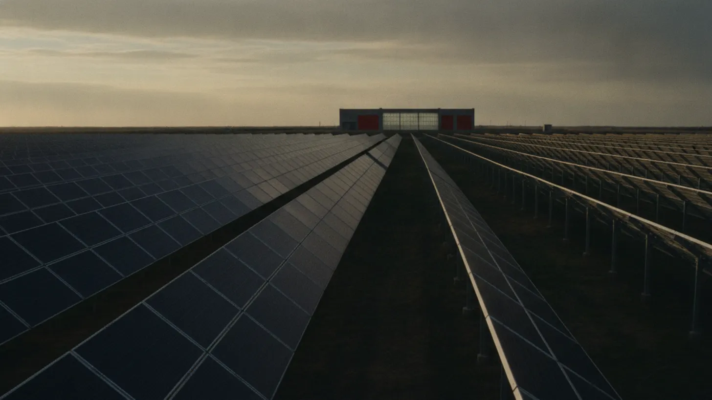 Long rows of solar panels stretch toward a distant control building at a solar plant.