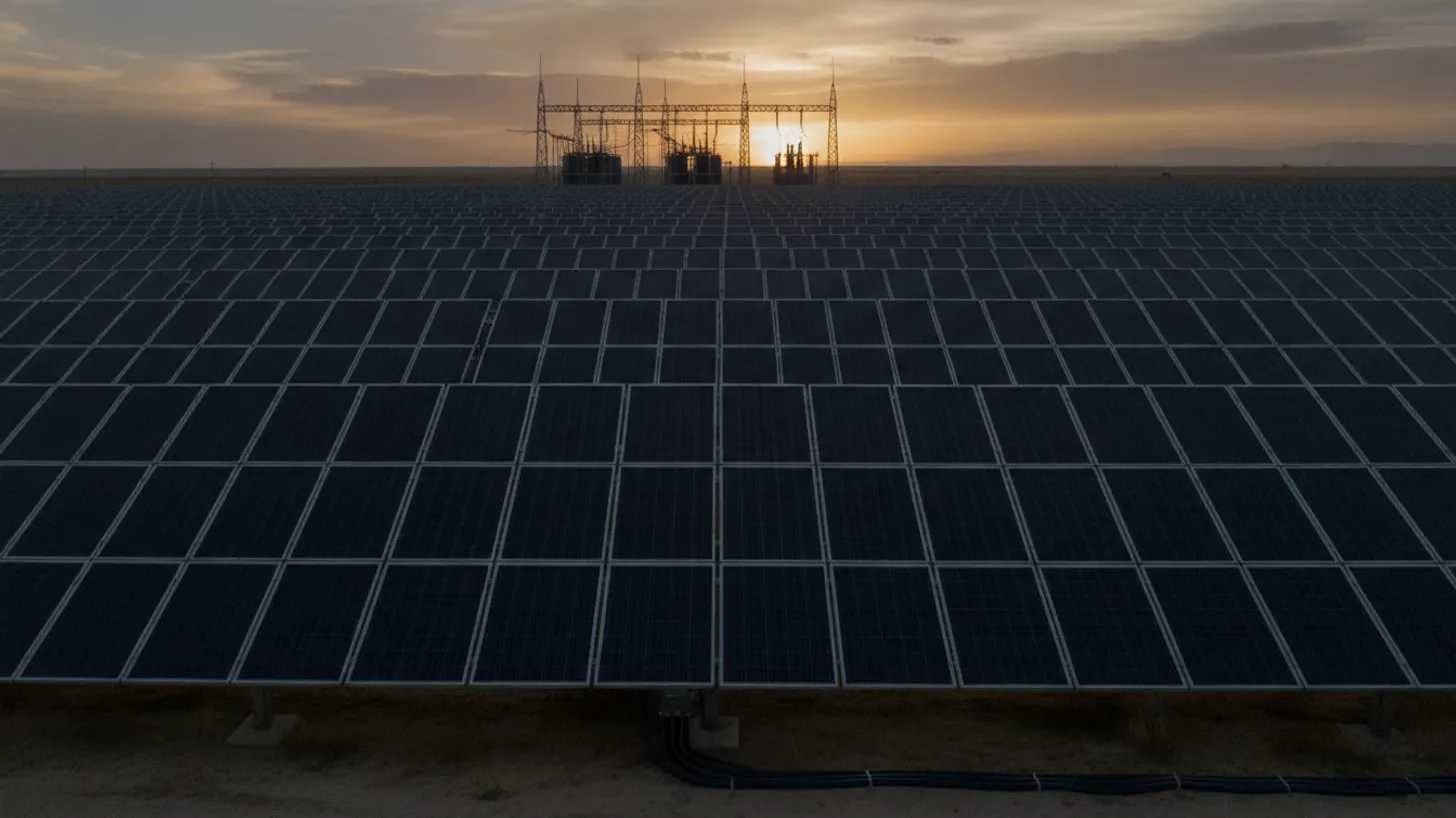 Vast rows of ground-mounted solar panel trackers stretch toward an electrical substation at sunset.