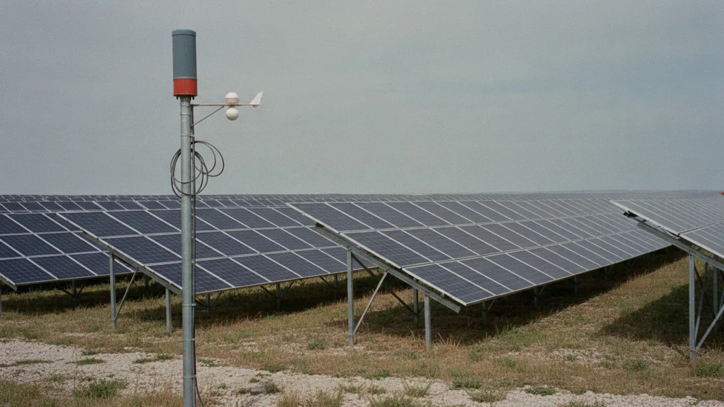 Rows of solar panels with a weather station mast for solar predictive maintenance.