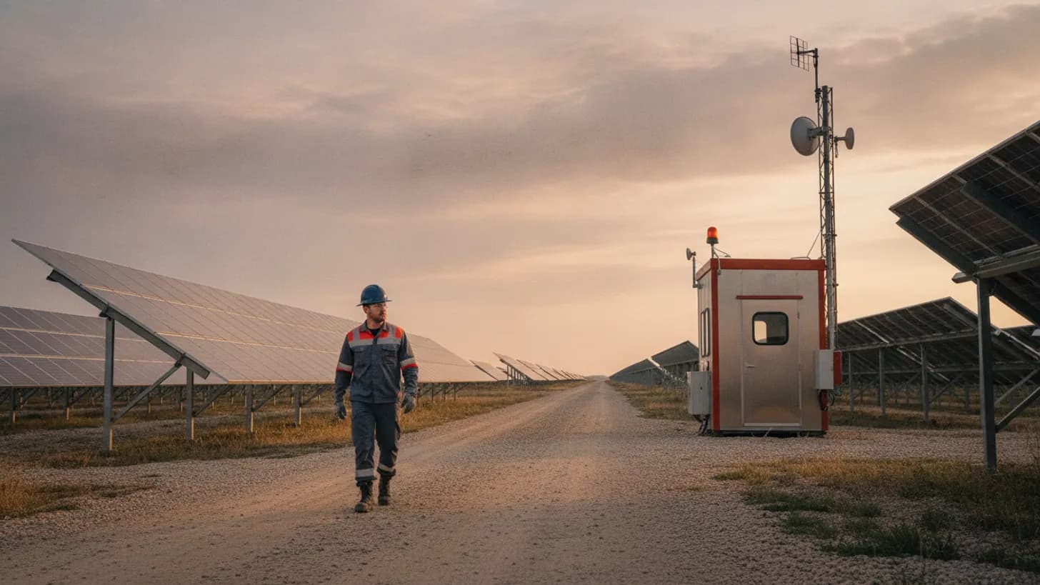 A field engineer walks past a solar SCADA cabin between rows of solar panels.