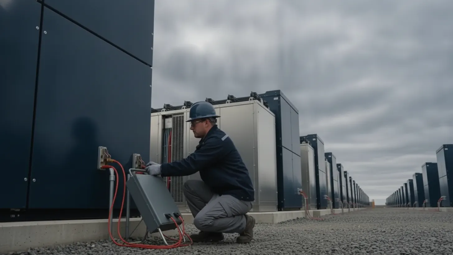 A technician connects test cables to a battery unit for utility-scale BESS capacity testing.